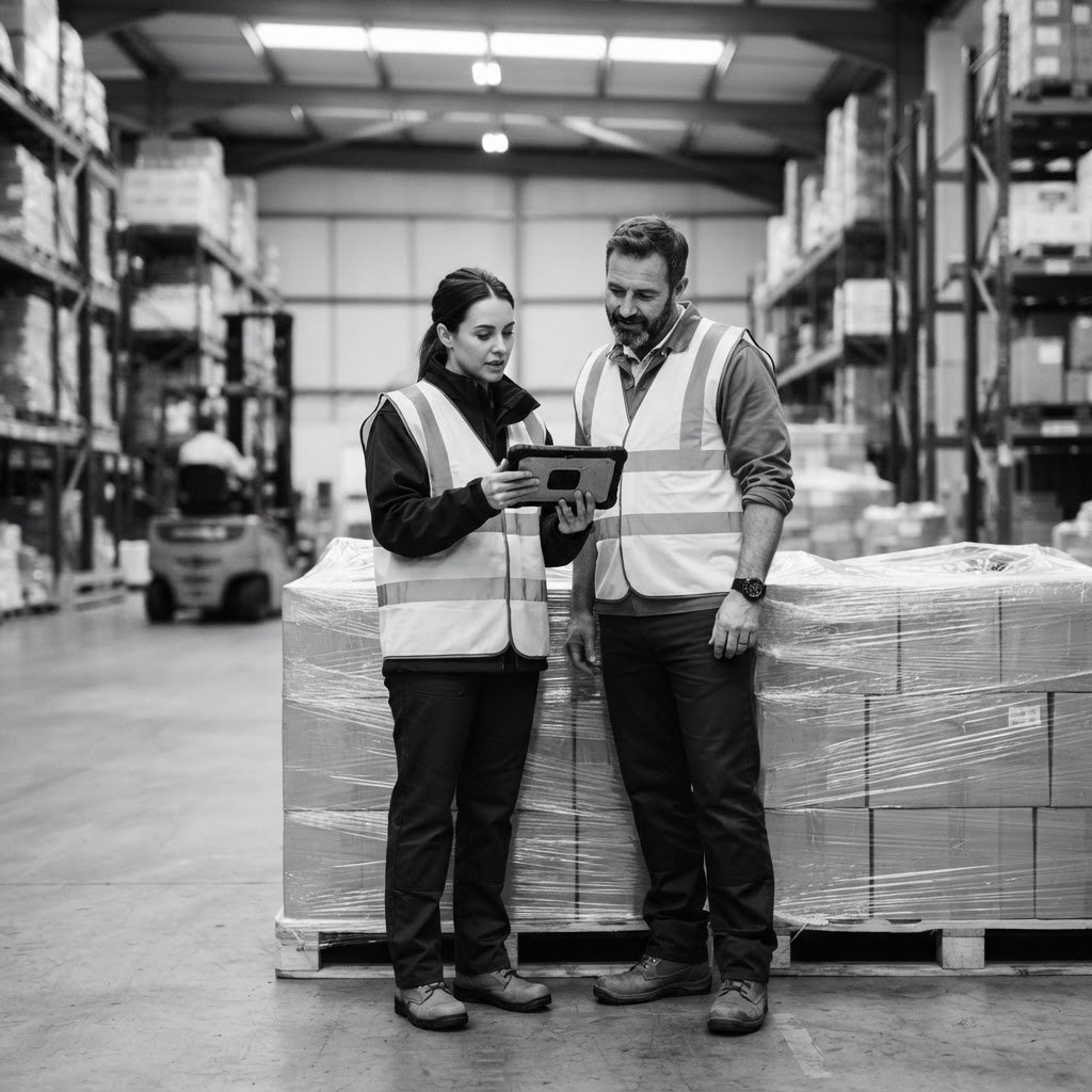 Warehouse team packing goods for shipment