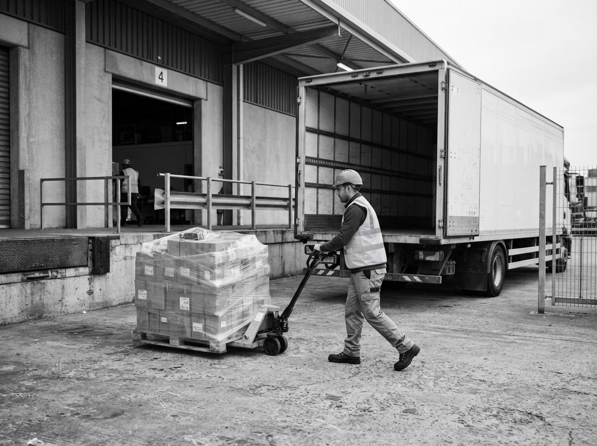 Forklift moving a pallet of goods inside a warehouse