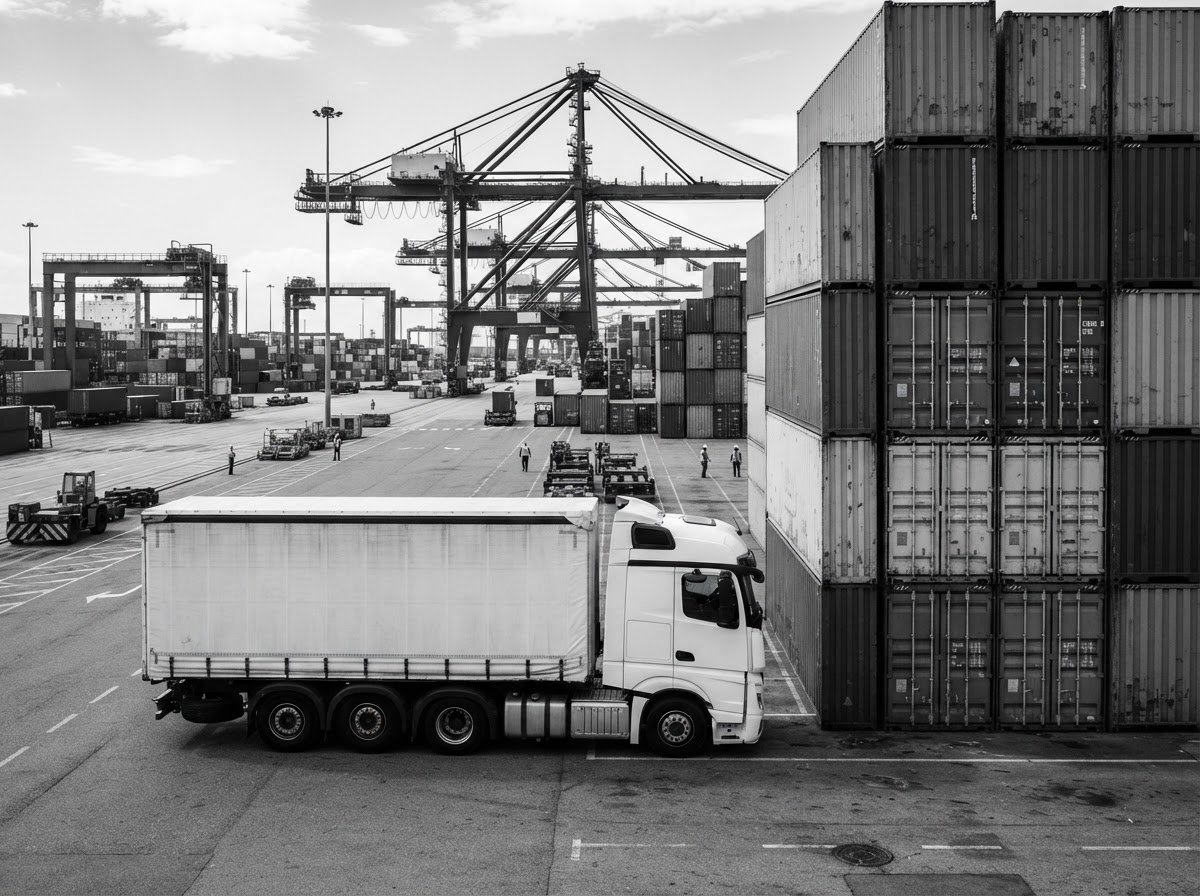Freight truck transporting a shipping container by road